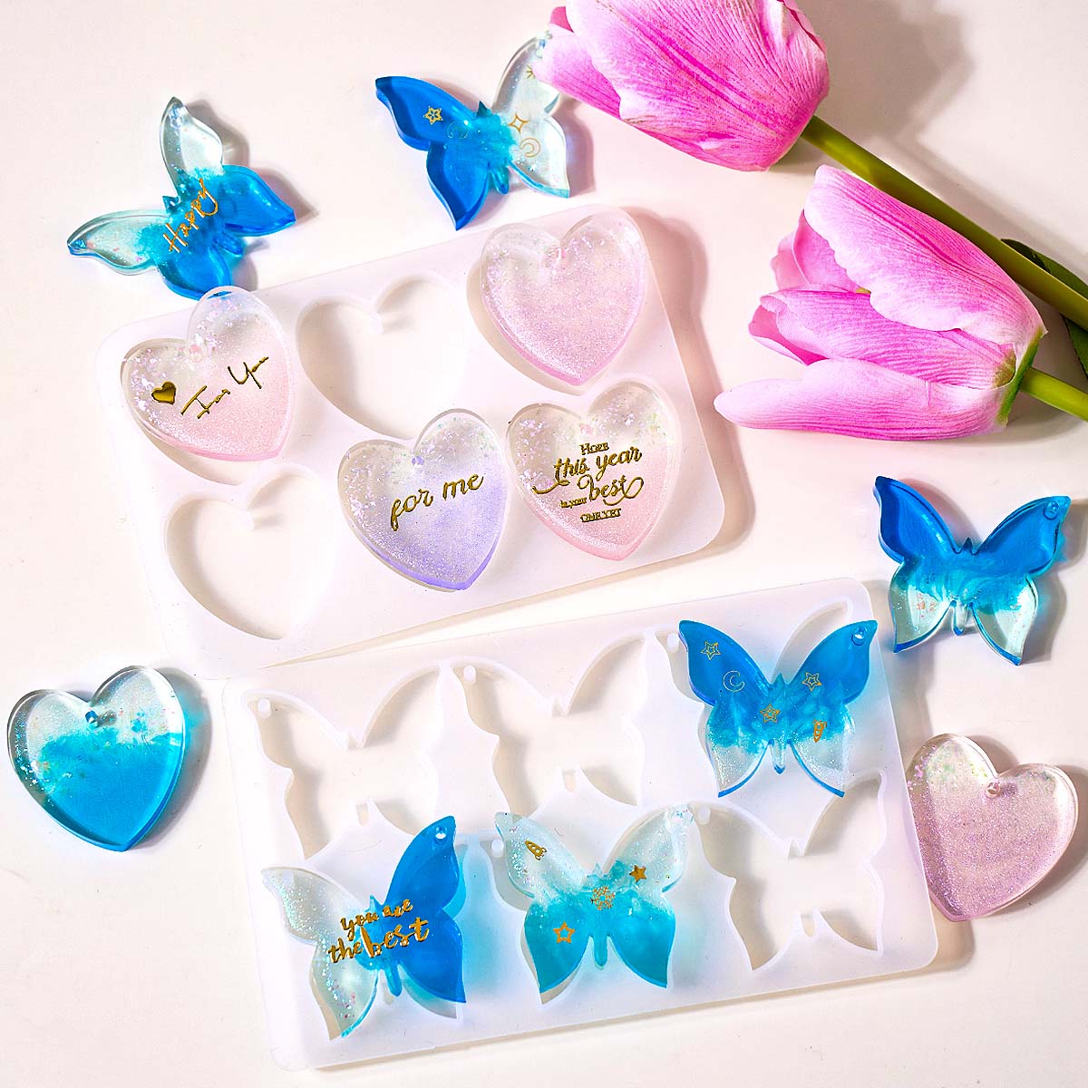 Jewelry Making Mold - 6穴付きイヤリングシリコンモールドDIYハート蝶形エポキシ樹脂モールドペンダントキーホルダージュエリークラフト製作