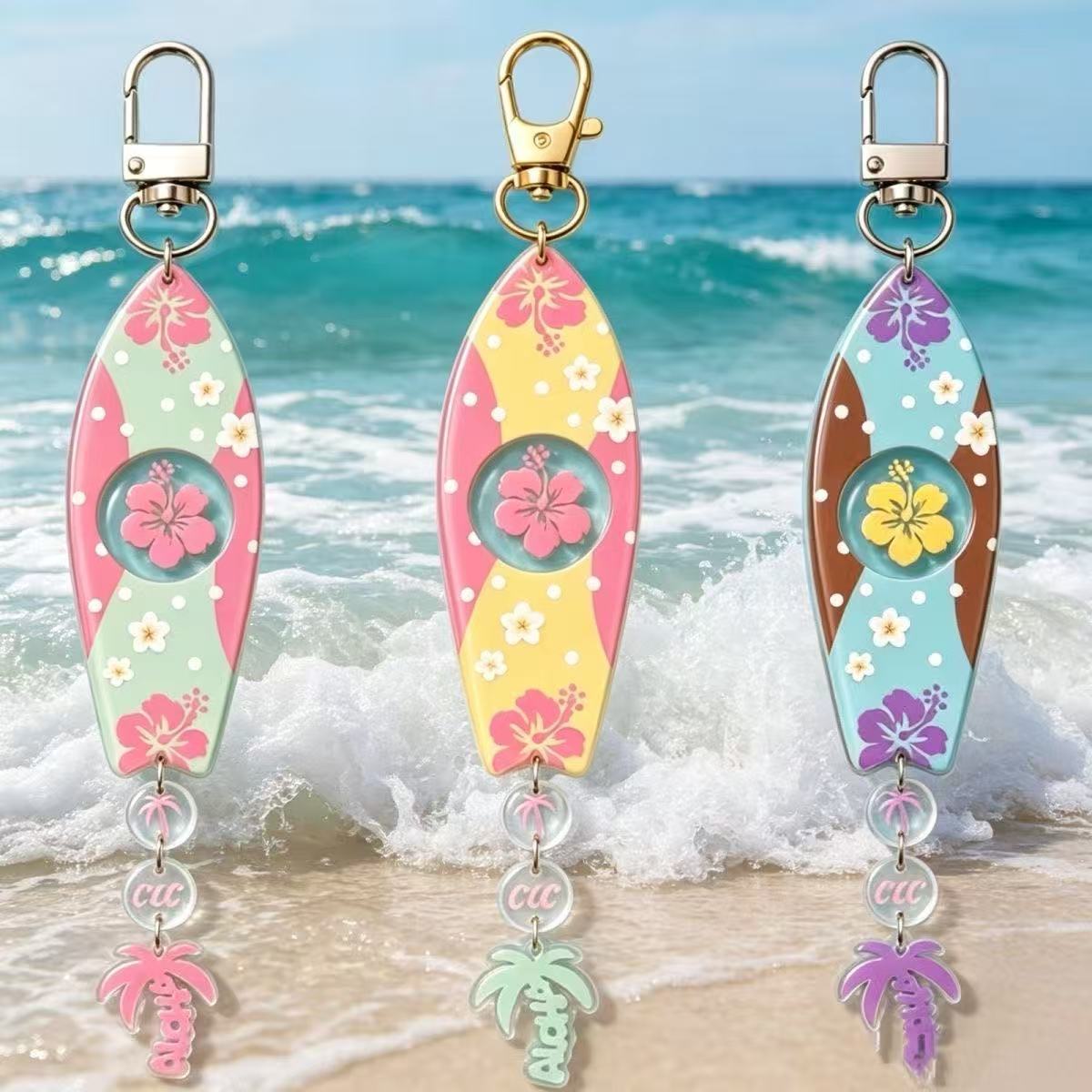 Jewelry Making Kits - INS ハワイアンサーフボード型アクリルキーホルダーセット ハイビスカスフラワー＆ヤシの木デザインキーホルダー ジュエリー
